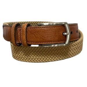 Torino Woven Stretch Beige Belt Men 30 Brown Leather Trim Silver Buckle 69502